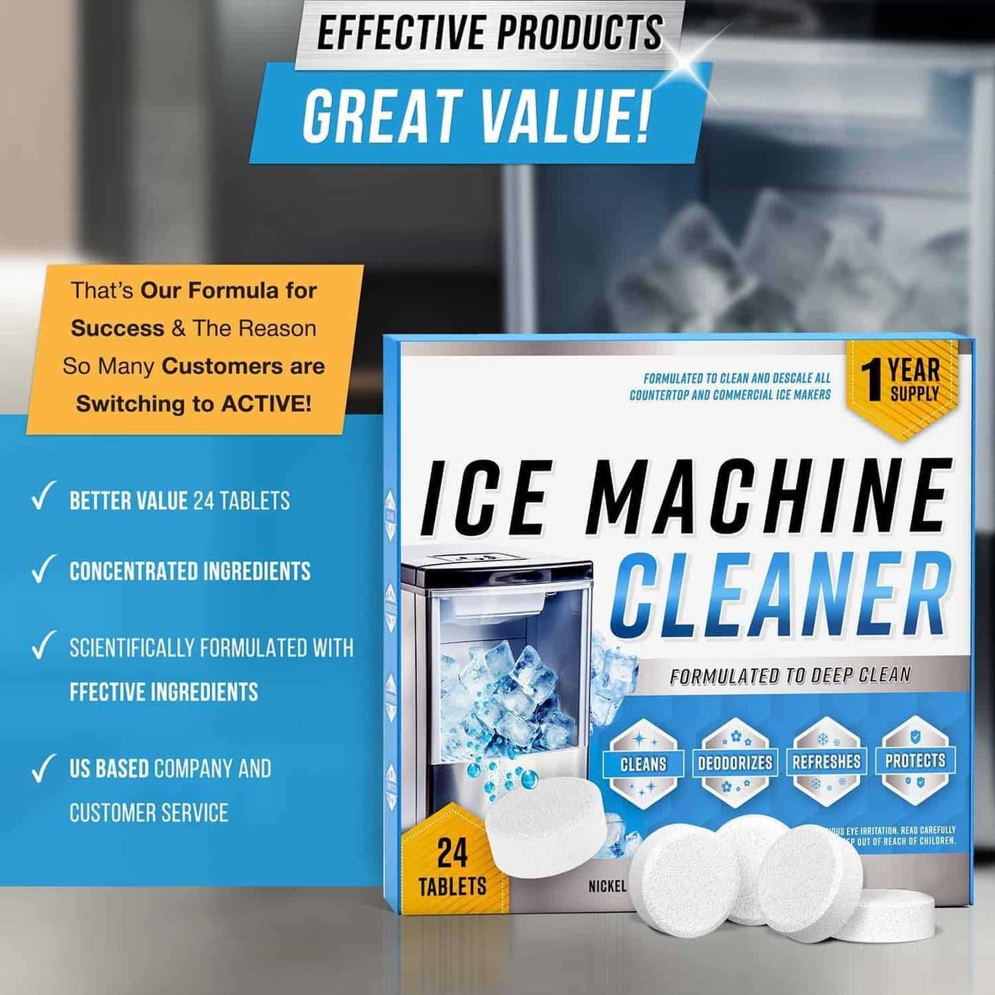 🧊✨ Ice Machine Cleaner Maker Descaler - 24 Clean Tablets Compatible with Frigidaire, Opal