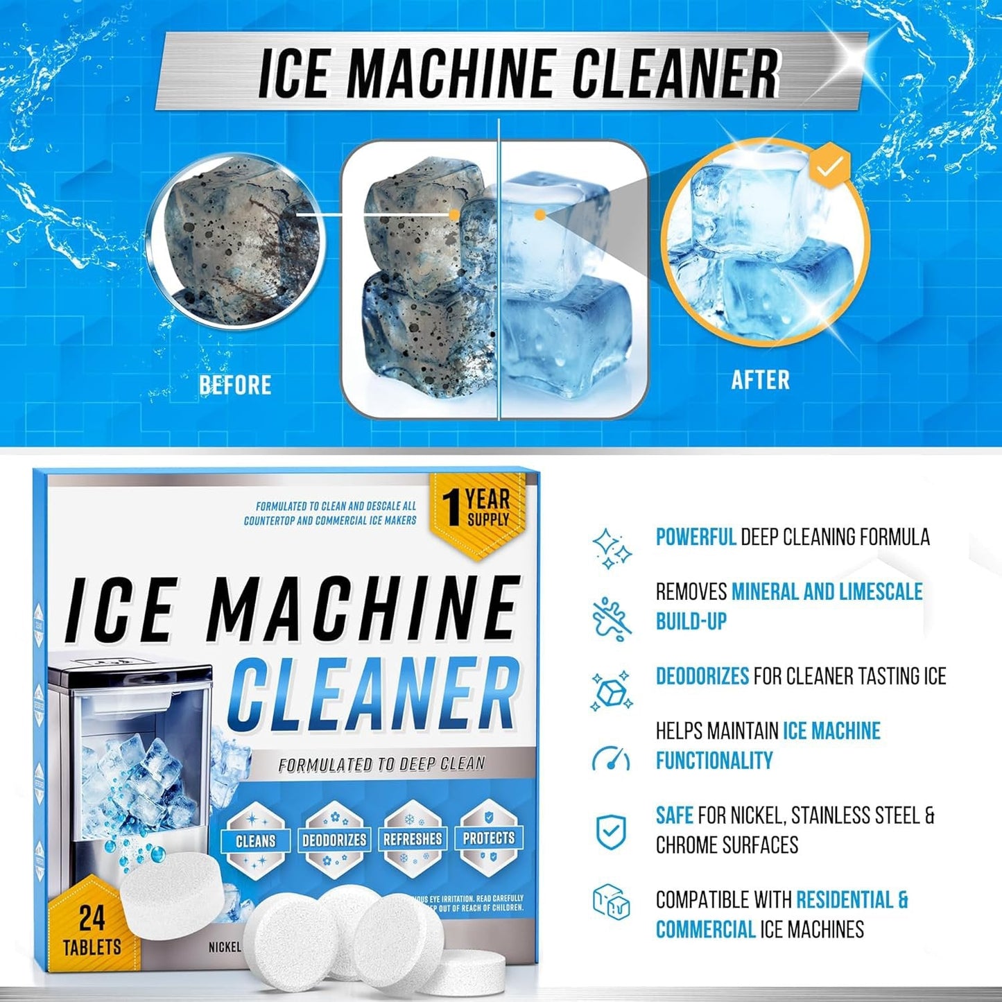 🧊✨ Ice Machine Cleaner Maker Descaler - 24 Clean Tablets Compatible with Frigidaire, Opal